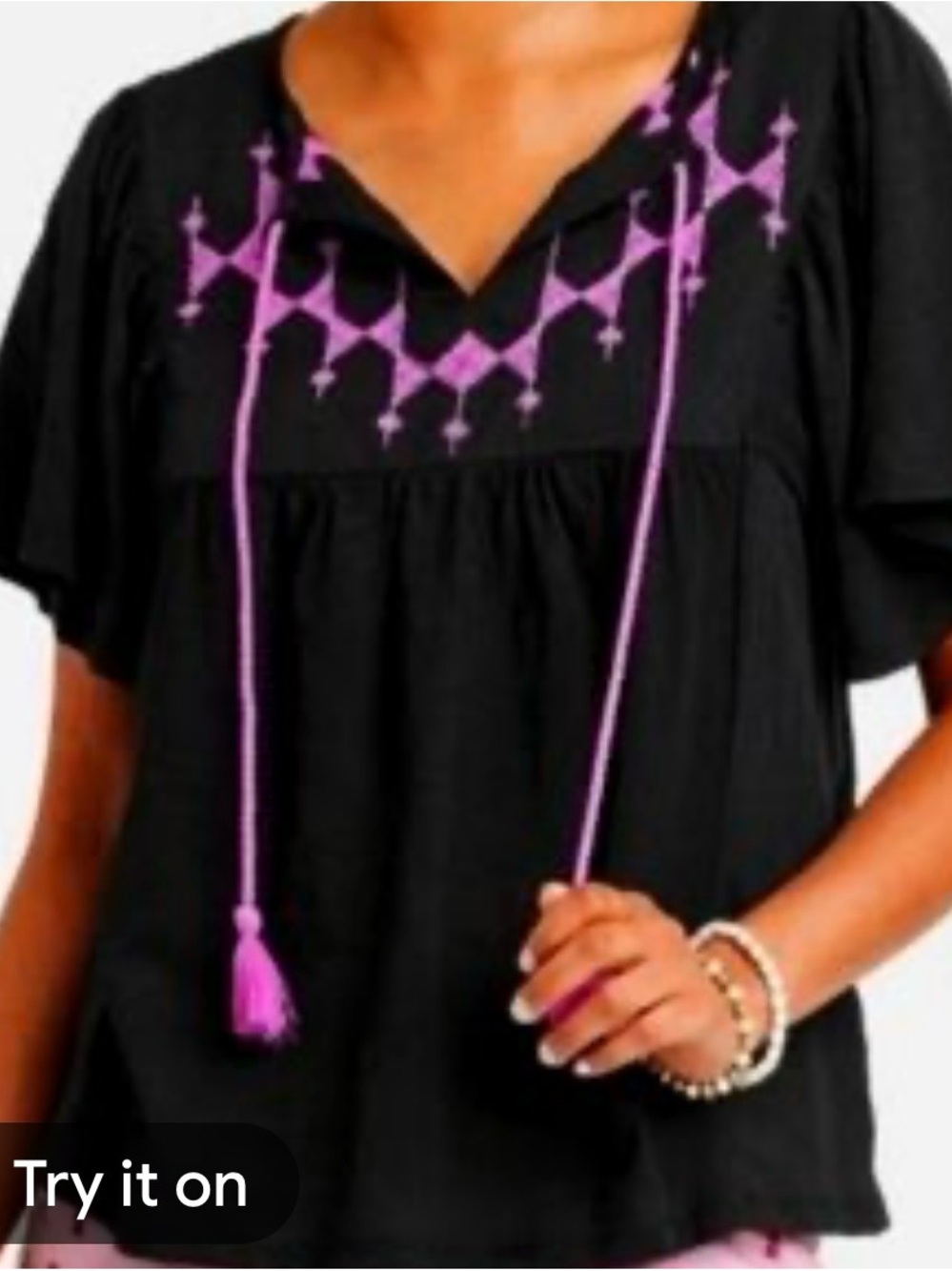 Knox Rose Black Peasant Top with Pink Embroidery and Tassels